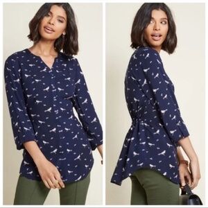 ModCloth Blue Shirt w/Bird Print Motif Tab Roll Sleeve Gathered w Tie at back M